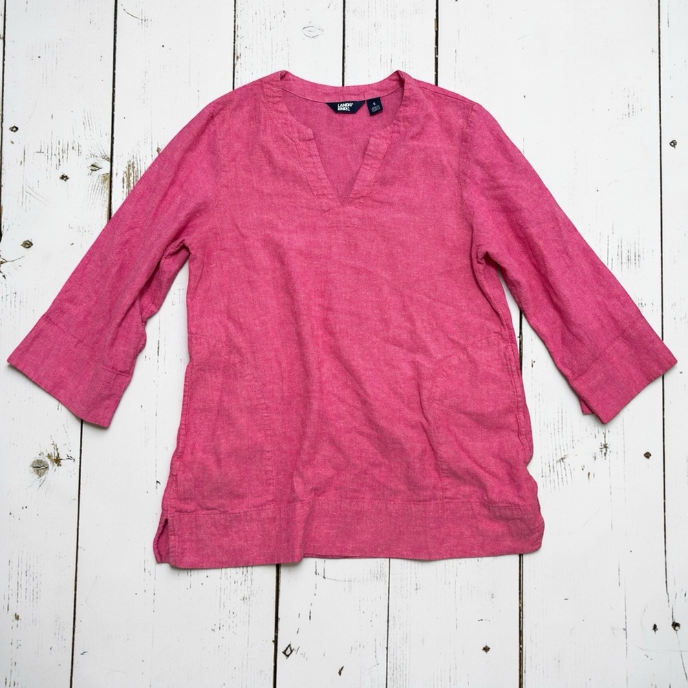 Lands’ End Pink Linen Tunic Top Women’s Small 3/4 Sleeve Lightweight Blouse